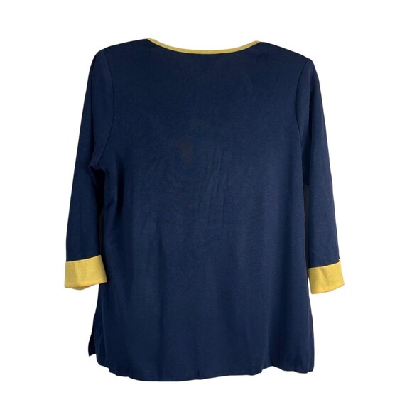 Exclusively Misook Top Womens S Navy Yellow Knit 3/4 Slv Tunic V Neck Sweater - Picture 2 of 10